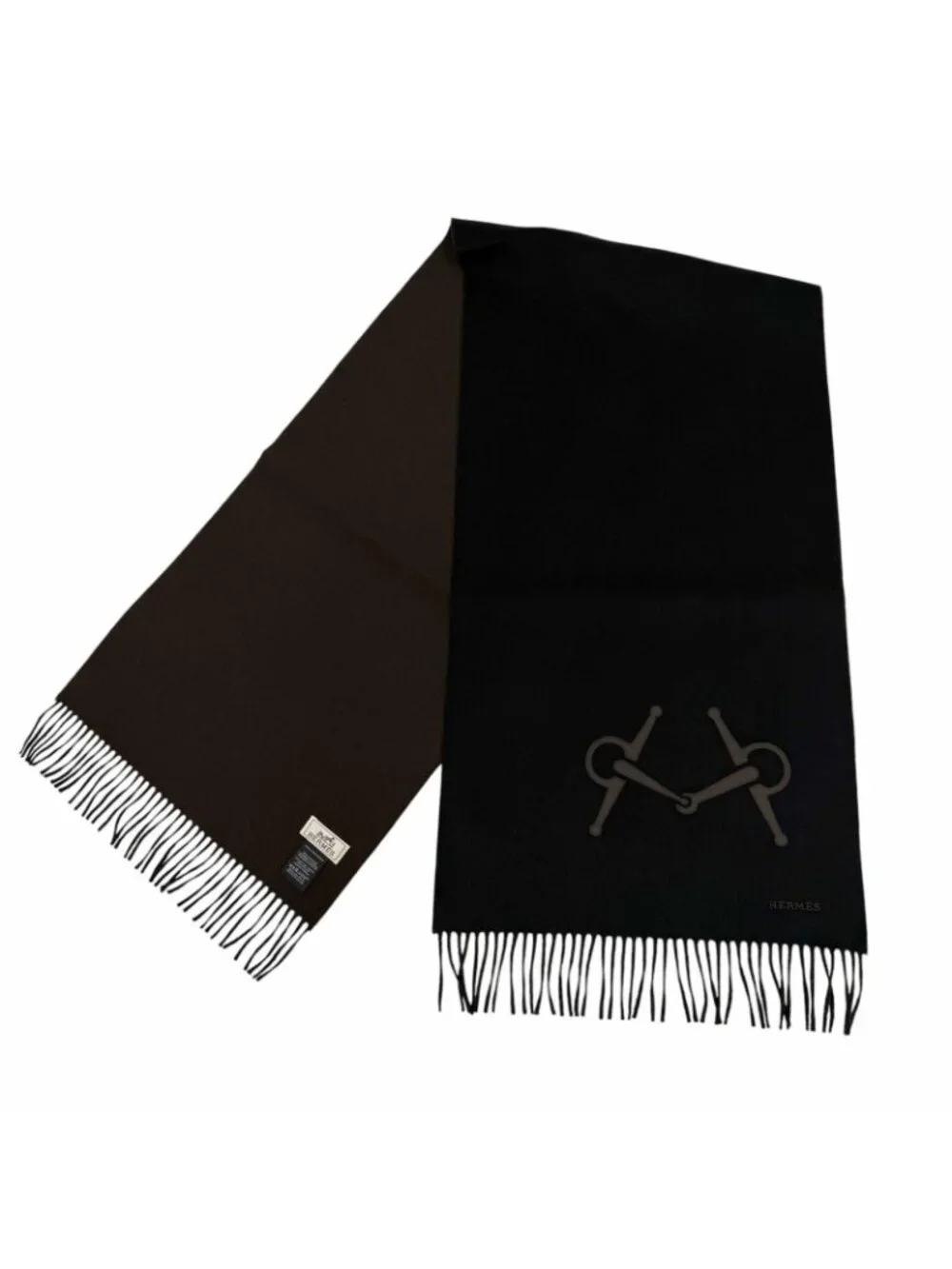 ★SOLD★ Hermes Cashmere Black Brown Ebony Leather Horsebit Logo Embroidery - Picture 4 of 8